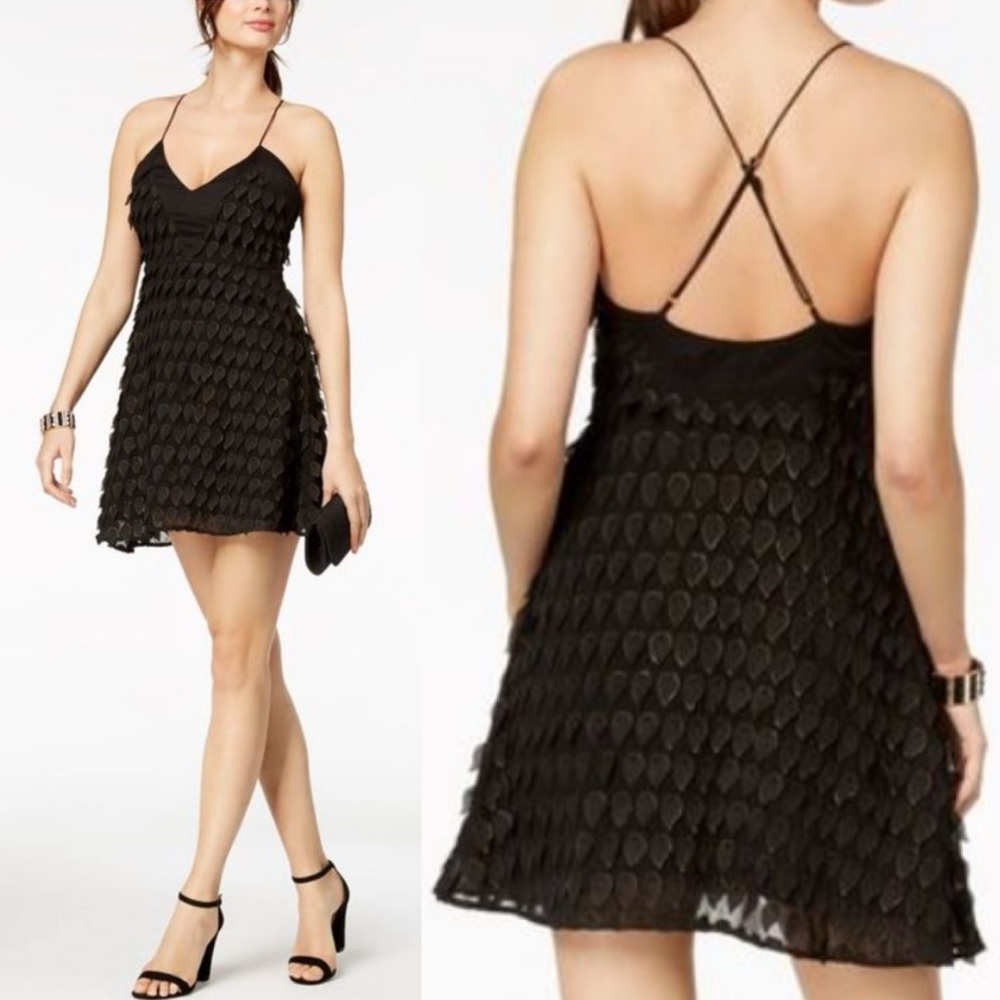 FOXIEDOX Black Applique Slip Spaghetti Strap Mini A-Line Dress Sz L Metallic NEW